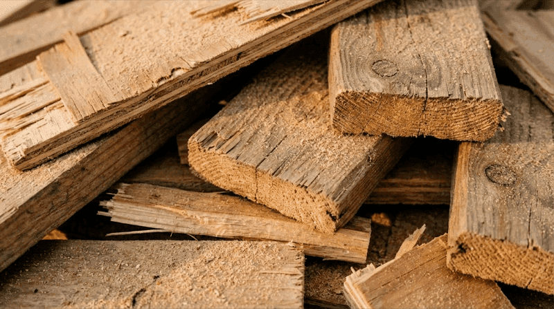 Restos de madeira de construção e tábuas