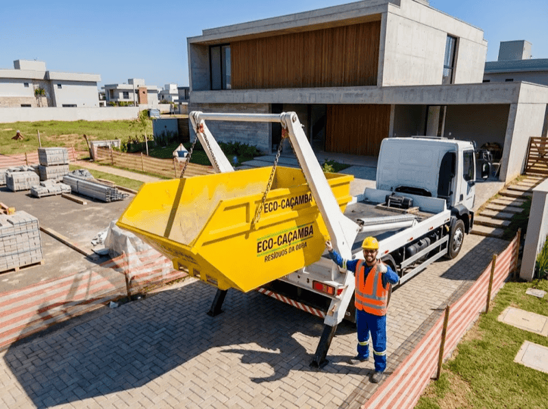 Caminhão de caçamba estacionário sendo posicionado em obra residencial com segurança em Ipatinga